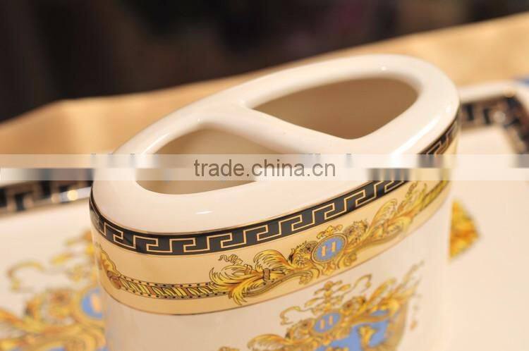 Classic European Baroque Style Ceramic Bath Accessories Set 6 Pcs in Fancy Golden and Blue, Liquid Soap Dispenser BF12-03254h