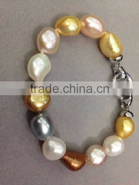 14k white gold 6-7 mm multicolor rice shape freshwater pearl bracelet