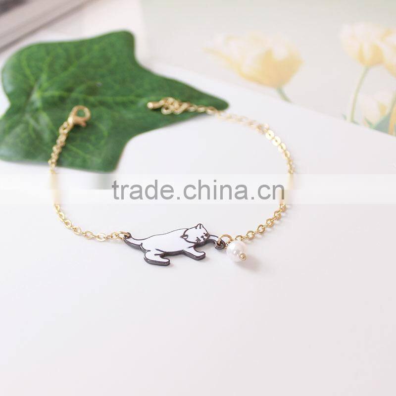 enamel cat catching the ball bracelet metal cat pearl bead charm gold chain bracelet