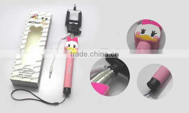 With cute cartoon design handheld extendable Cable Take Pole selfie stick/ cartoon monopod/ wire selfie stick