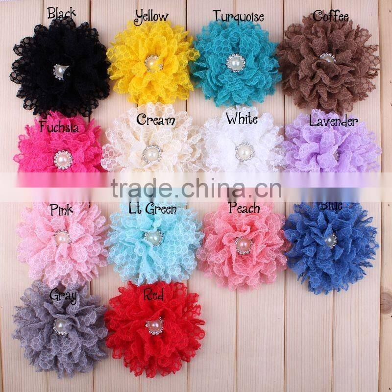 fabric flower with pearl beads center for kids hair accessories