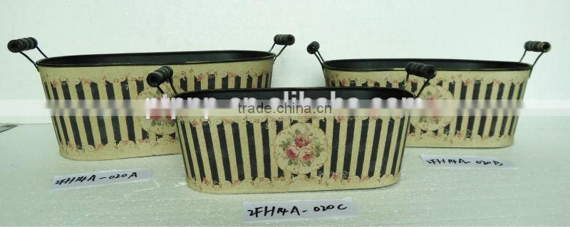 Stripe metal garden flower oval pot with handle