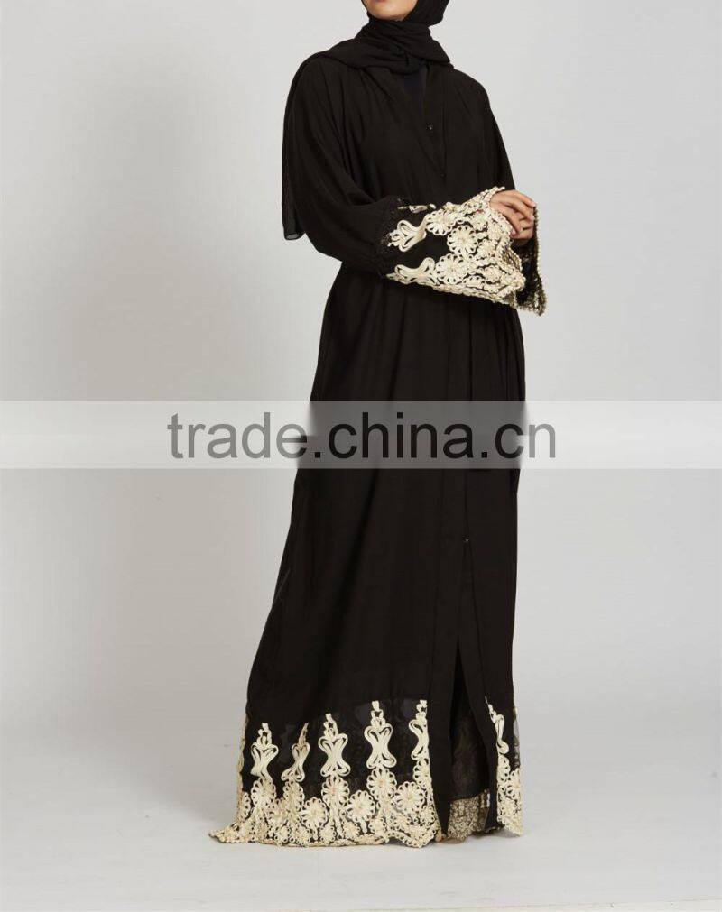 Dubai clothing OEM Beautiful lace detailing Pop up buttons Cream Lace Open Jacket Abaya