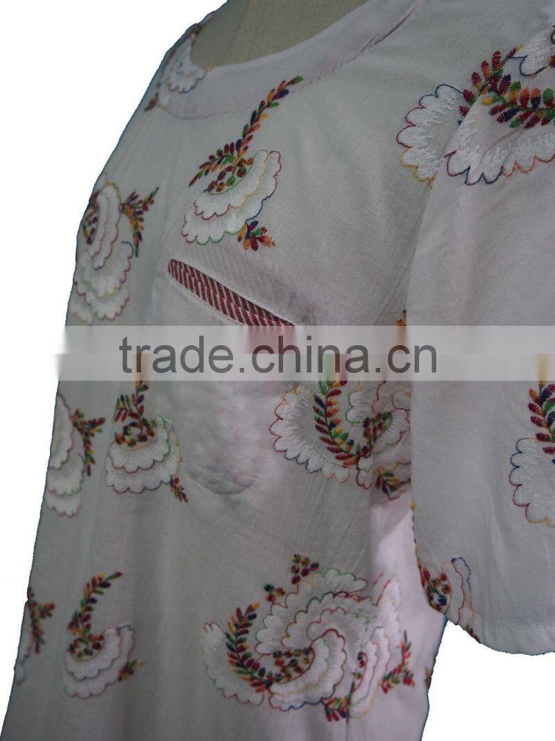 Floral Hand Embroidery Designs Round Collar Short Sleeve with Front Pocket Blouse Tunic Dress