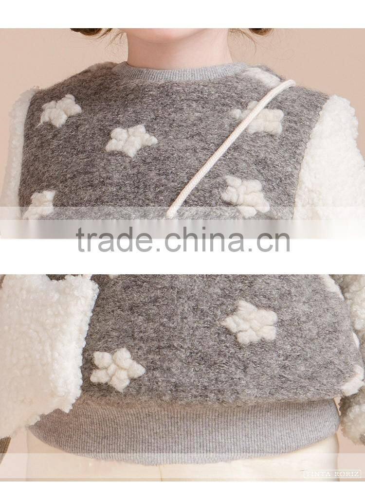 2017 Winter Girls Tweed Top Little Stars Jacquard Fleece t Shirt Designs For Children Long Sleeves Shirt