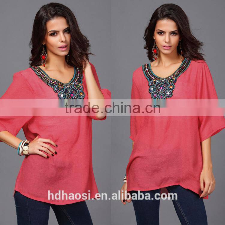 Hotsale O-neck Printed Retro Vintage Bohemian Loose Casual Chiffon shirts Blouse top clothing for women