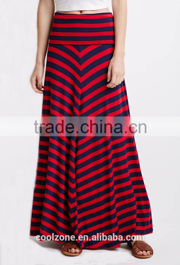 2015 Fold-over waist stripe print skirts fashion long maxi skirt