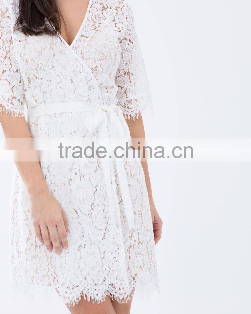 Regular fit adjustable straps wrap front lace robe fashion sleeping robe for women 2016