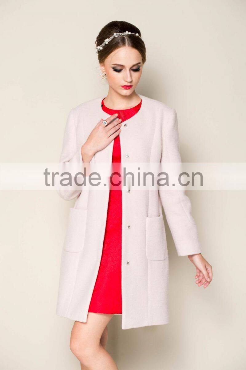2015 latest fashionable o neck apricot plain style brand name women winter coat