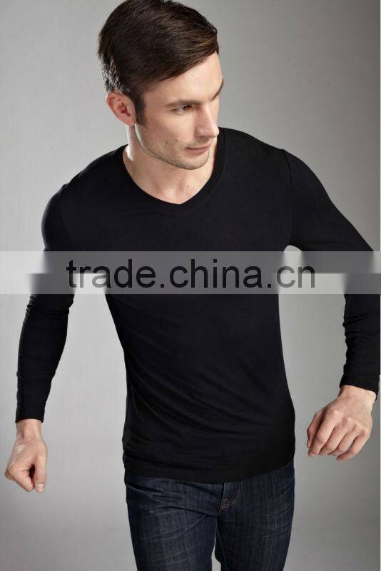 Plain slim fit black color bamboo long sleeves men t shirt / thin long sleeve t shirts T13326