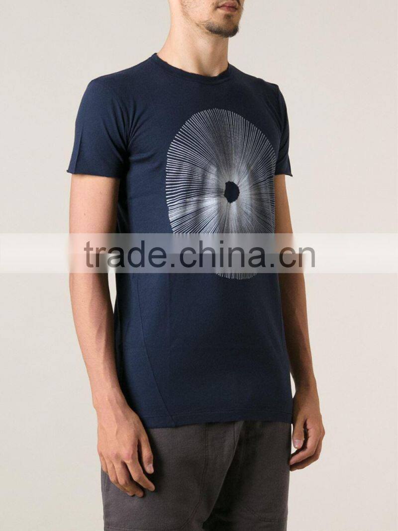 dark blue navy ribbed crew neck sunburst graphic fancy print T-shirt