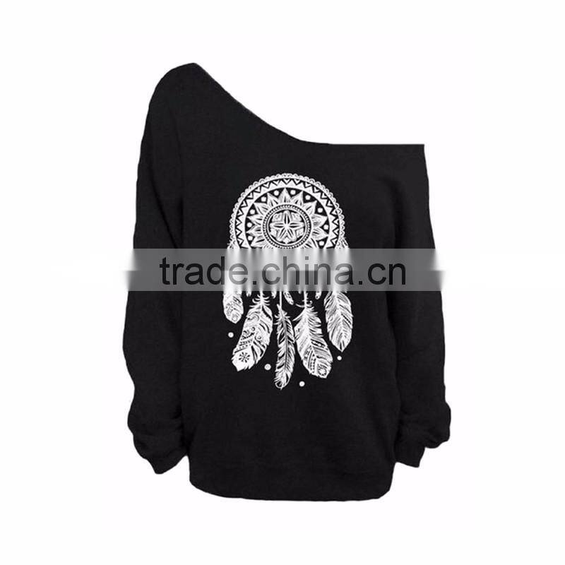 Bulk Wholesale Black Asymmetrical Shoulder Screen Printing Sweatshirt for Ladies