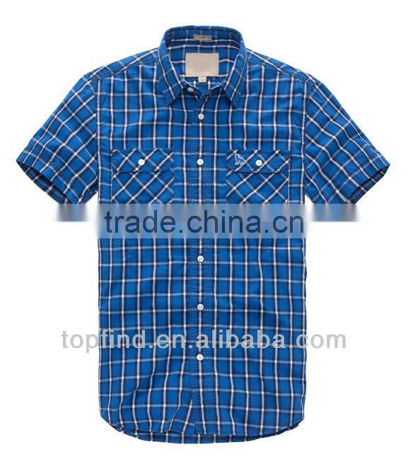 Short Sleeve Cotton Plaids Double Pockets Men Shirts