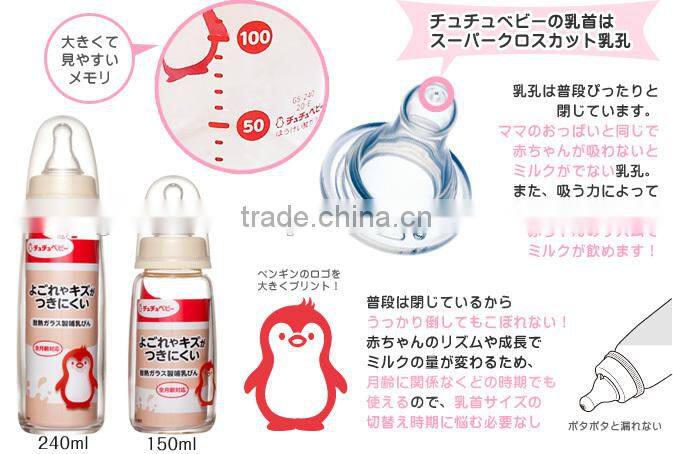 Japan New Feeding Bottle Glass with Silicone Teat 240ml Wholesale