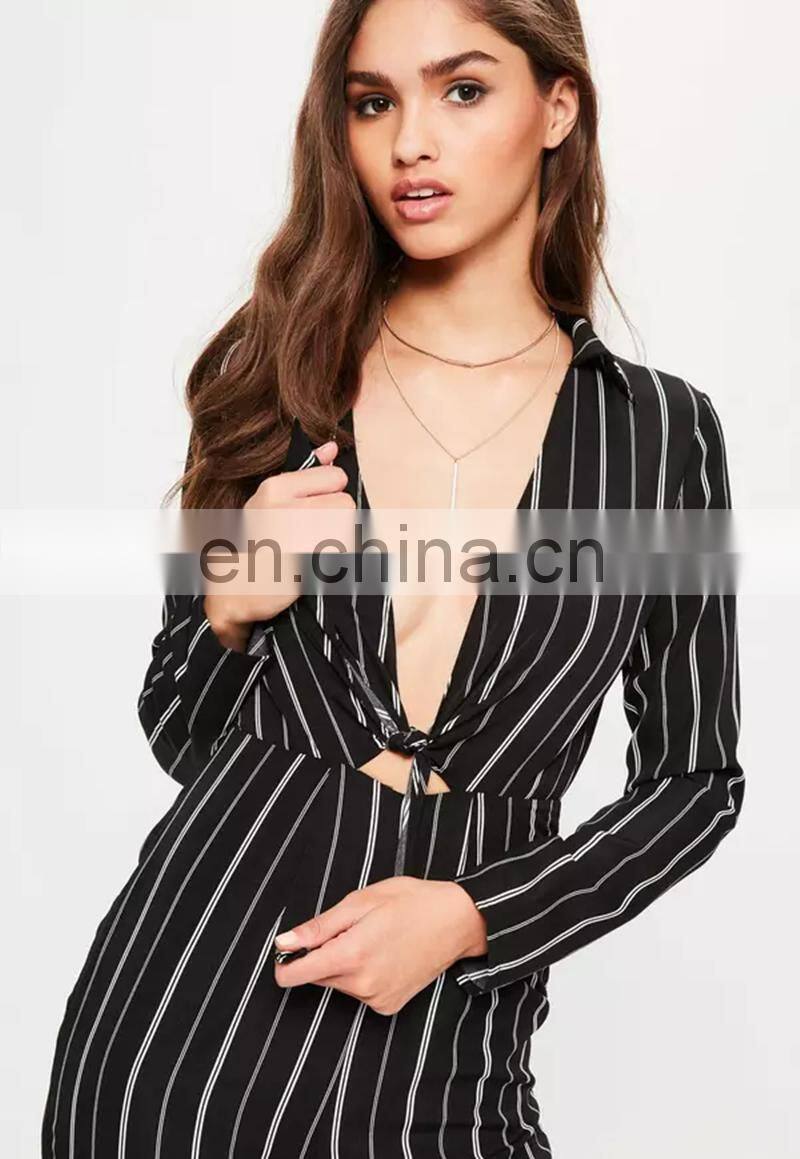 Black Striped Tie Front Shirt Ladies Jumpsuit