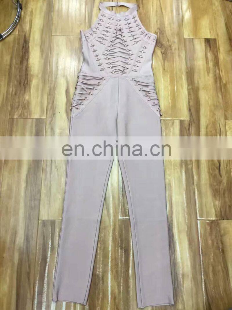 Amigo 2017 new design sexy women evening wear nude sleeveless halter beaded XXX long bodycon bandage jumpsuit for girls party