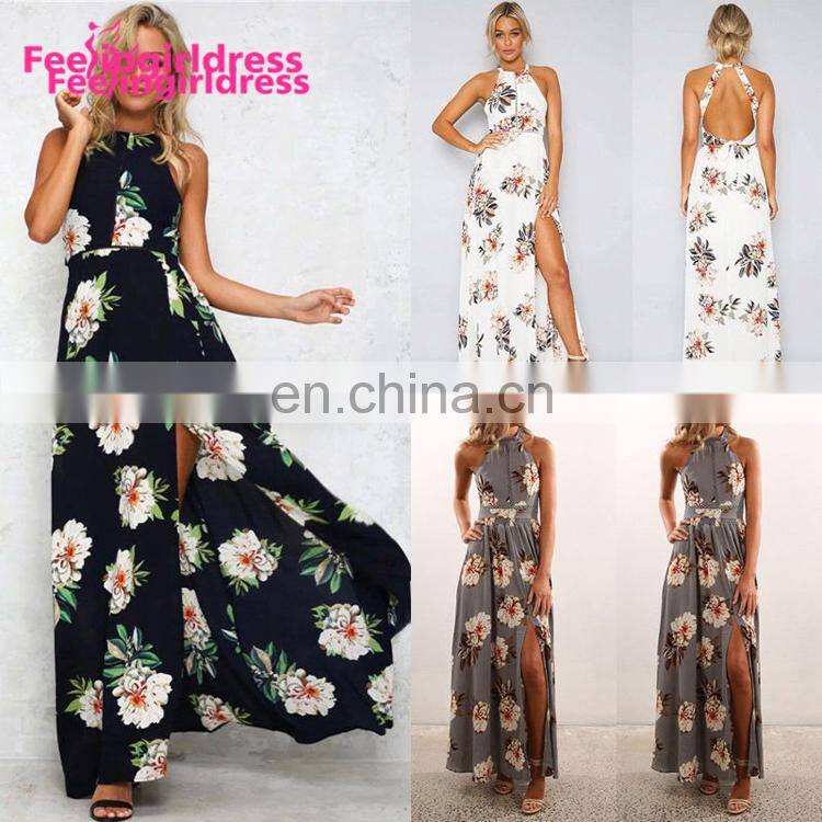 Stylish Hanging Neck Design Sexy Bandage Dress Floral Maxi Women Summer Dress For Sleeveless