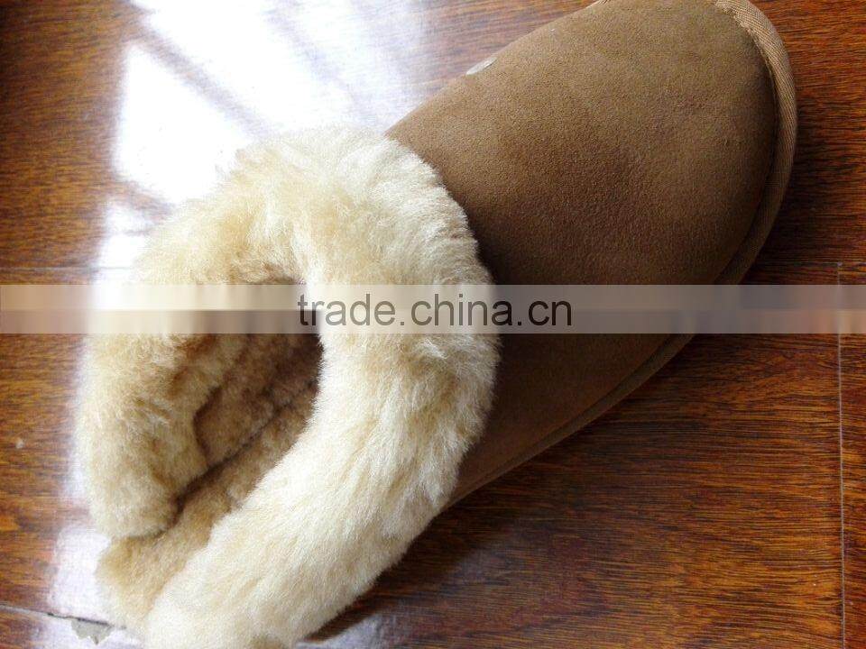warm plush fur collar cow suede upper sheepskin lining men leather slipper