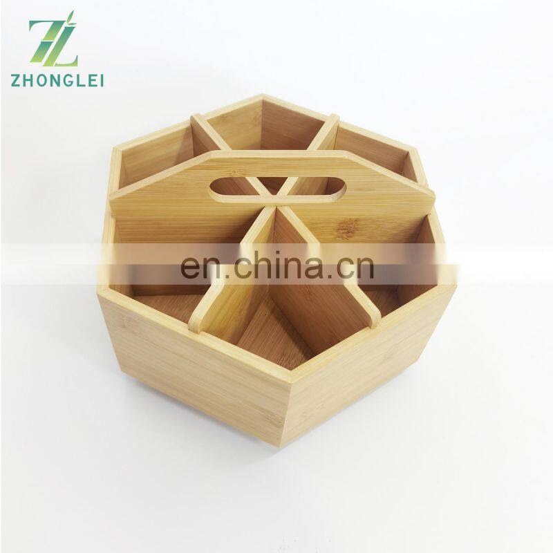 Rotating Pencil Pen Holder with 6 Compartments Bamboo Art Supply Organizer Office Supplies Desktop Storage Caddy with handle