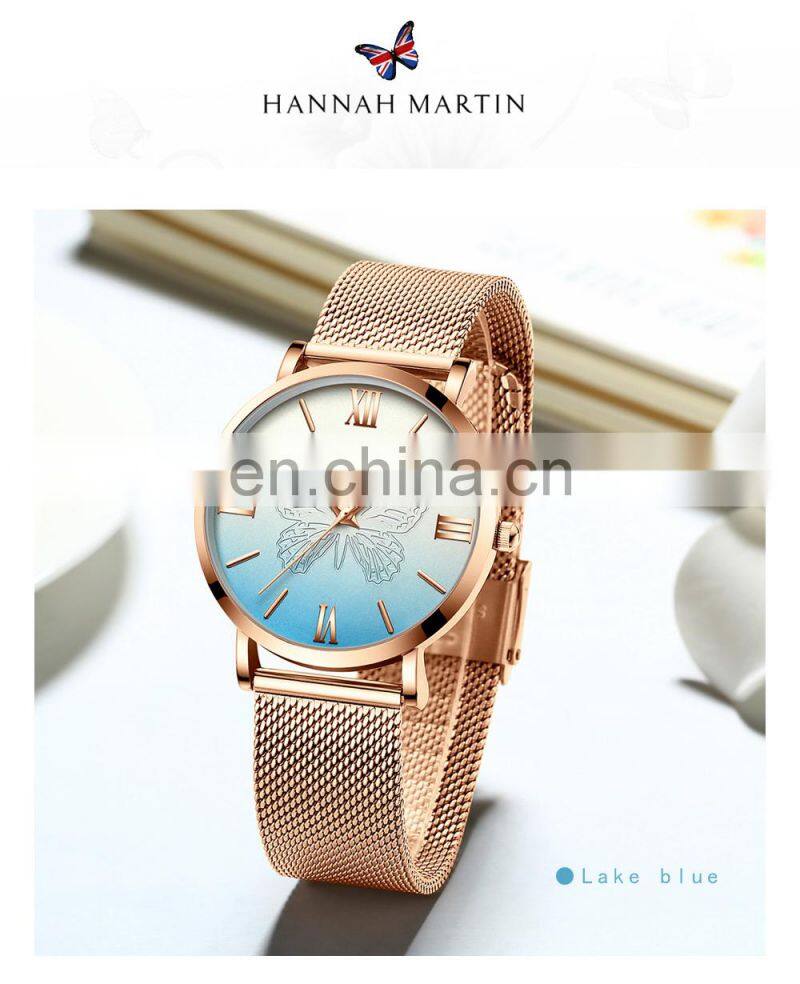 Hannah Martin 13620 Women Watch Luxury 3D Butterfly Rose Gold Mesh Strap Japanese Movement Waterproof Quartz Women Wristwatch