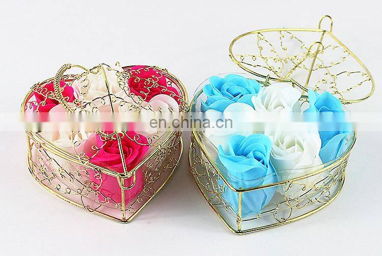 6pcs Soap Rose Flowers Gift Box Iron Basket Small Bouquets Gift Box Heart Shape Christmas Wedding Party Valentine's Day Gifts