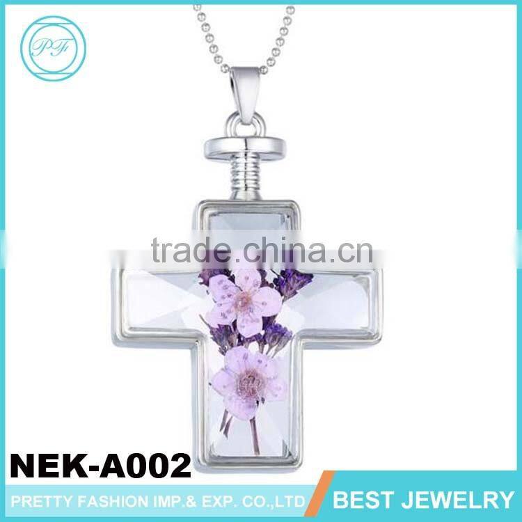 Pressed Flower Multi-Colored Cross Pendant Necklace
