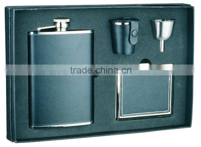 Deluxe s/s hip flask gift set covering geniune leather