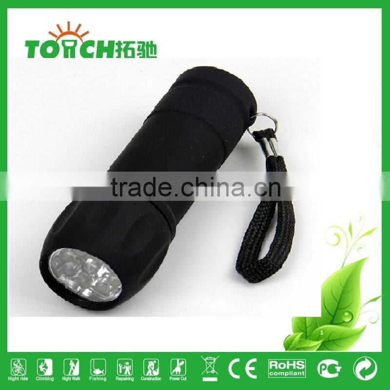 super bright Promotion mini 9 LED flashlight with rubber coating for outdoor camping use AAA battary mini 9 leds lamp