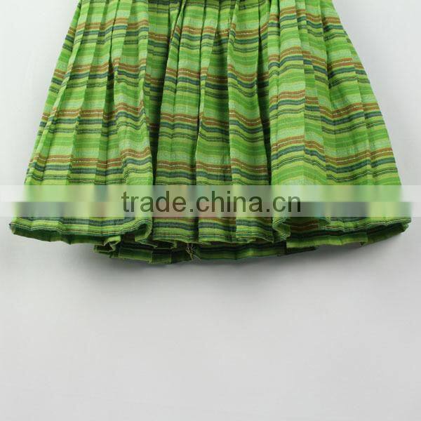 One piece girls casual green striped dress with upper cream chiffon fabric