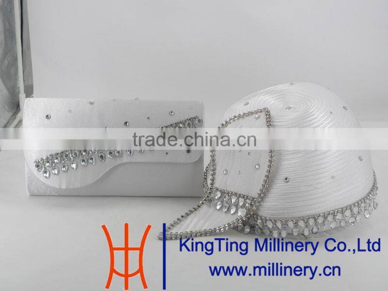White Color With Broach Ladies Evening Bag And hat For Church