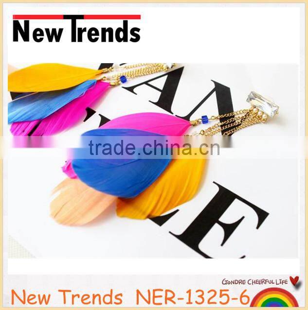 Fashion new design colorful long feather earring with clear crystal