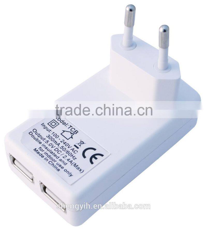 SY D2 5V/2.4A 2 USB Port travel Charger for Europe Middle East South America Russia Rohs CE