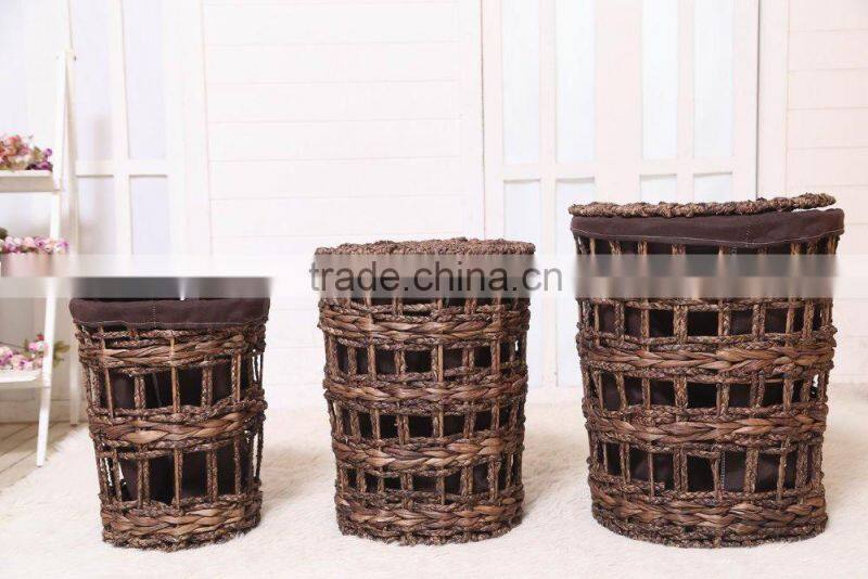 2015 new arrival set of 3 maize and water hyacinth weaved laundry hamper with lining