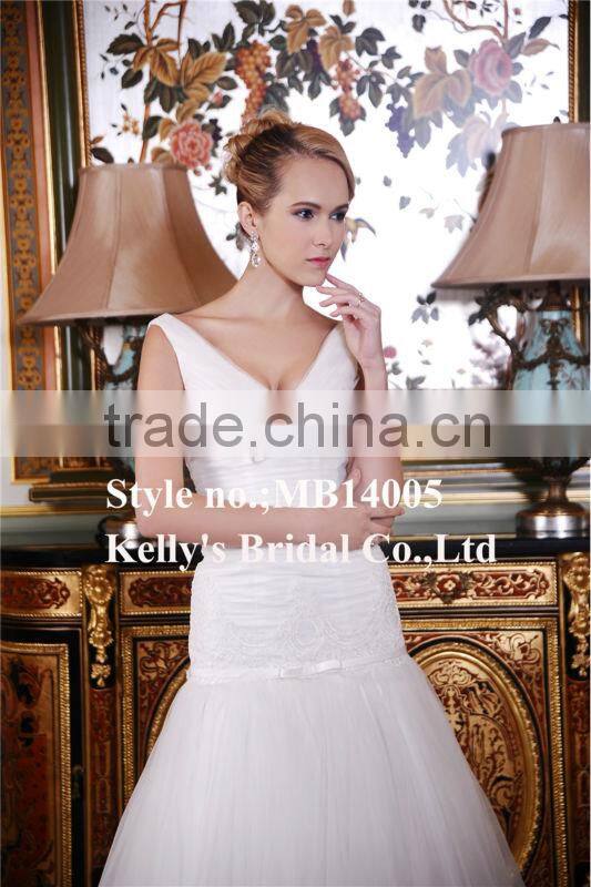 Sexy Deep V Neck Design Sheath Lace Pleated Tulle Strapless Wedding Dress