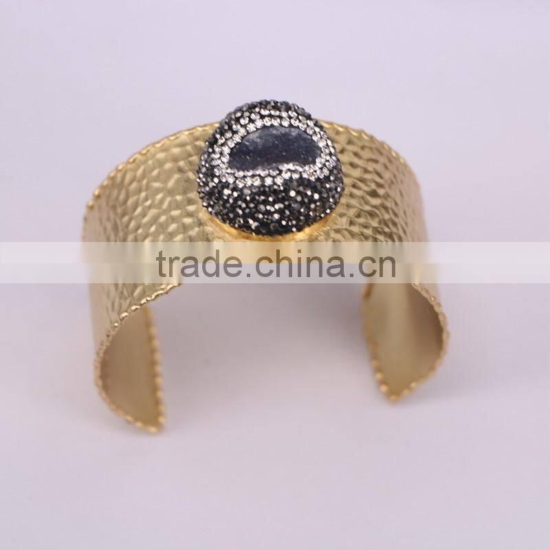 Fashion Metal Brass Gold Electroplated Bangles, Geode Agate Gem stone Bangles, with Pave Crystal Druzy Bangle
