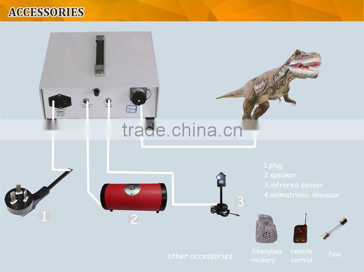 Amusement park facility riding and roaring dinosaur