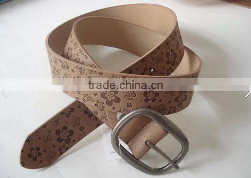 Fashion Women Lady Flower Print Leather Belt With Silver Tone Buckle