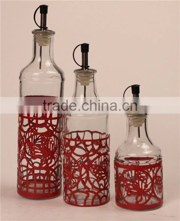 set of 3 glass olive oil vinegar jar bottle set with red metal coating