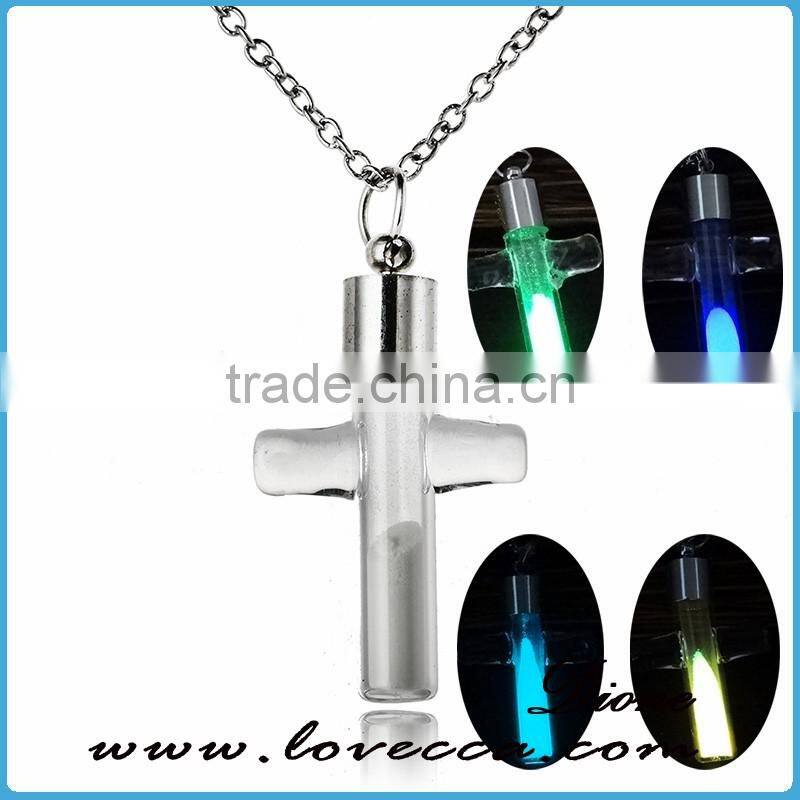 Silver chain glass glowing pendant neckalce glow in the dark cross necklaces