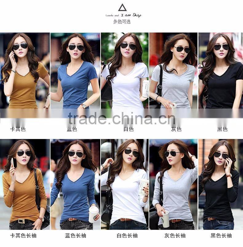 Customized manufactorying pure V neck short-sleeve ladies T shirt