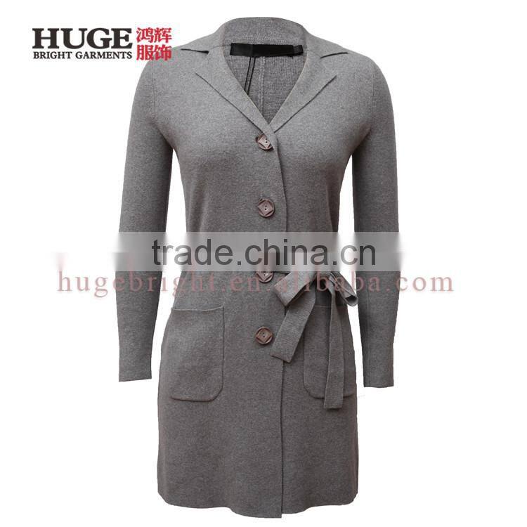Lapel collar belted long cardigan women with side pockets, self-tie belt, full button closure