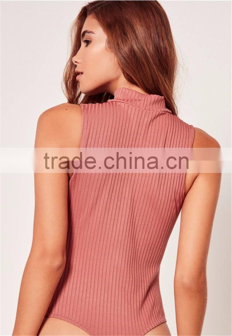 Pink Cut Out Mock Neck Zipper infront Sleeveless Bodysuit Cotton Blends Sexy Scoop Neck Sweater