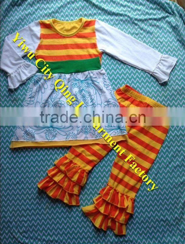 Persnickety Baby Girls Cotton Halloween Outfit Boutique Kids Yellow Stripe Long Sleevs Shirt with Brown Tripe Ruffle Pant Sets