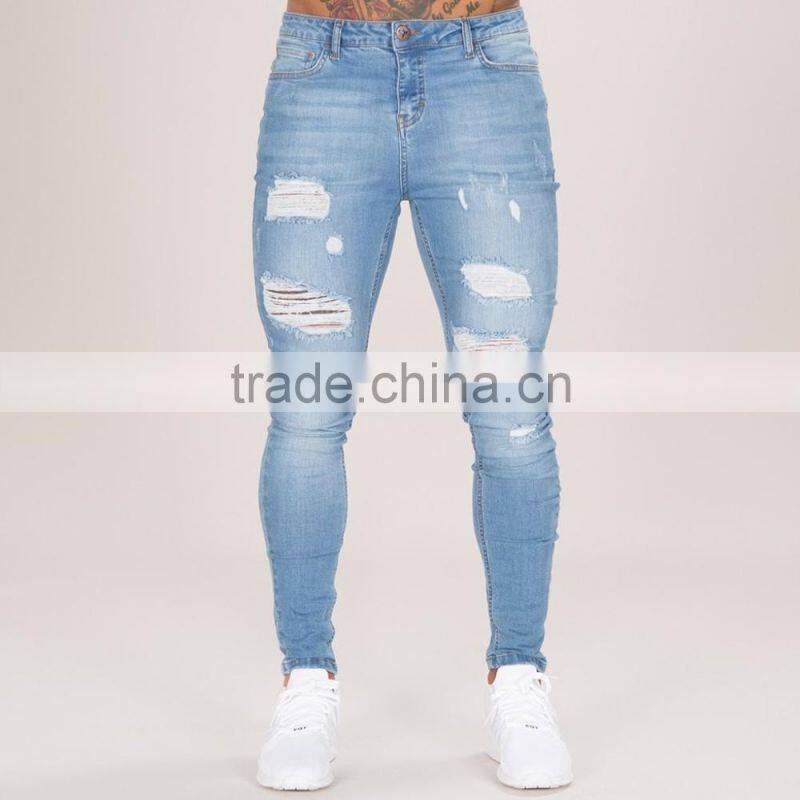 Hot sale jeans 2017 mens light blue skinny distressed denim jeans