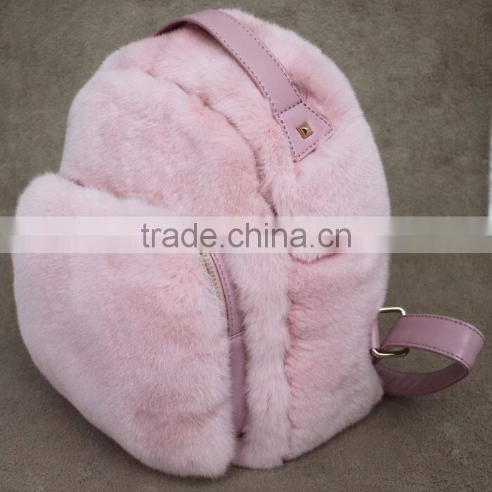 Myfur Baby Pink Girls Real Rabbit Fur Trim Leather Backpack Bag Wholesale