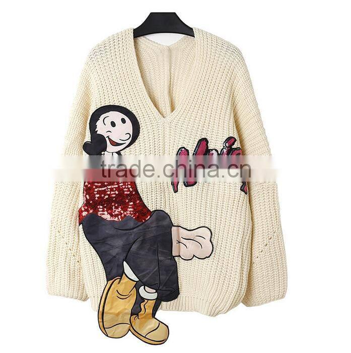 M1209 Runwaylover 2016 latest design fashion ladies v-neck sequin cartoon figure letter pattern sweater