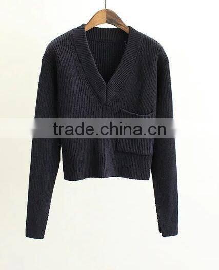 EY0864S Women Long Sleeve Deep V-Neck Knitted Pullover Sweater