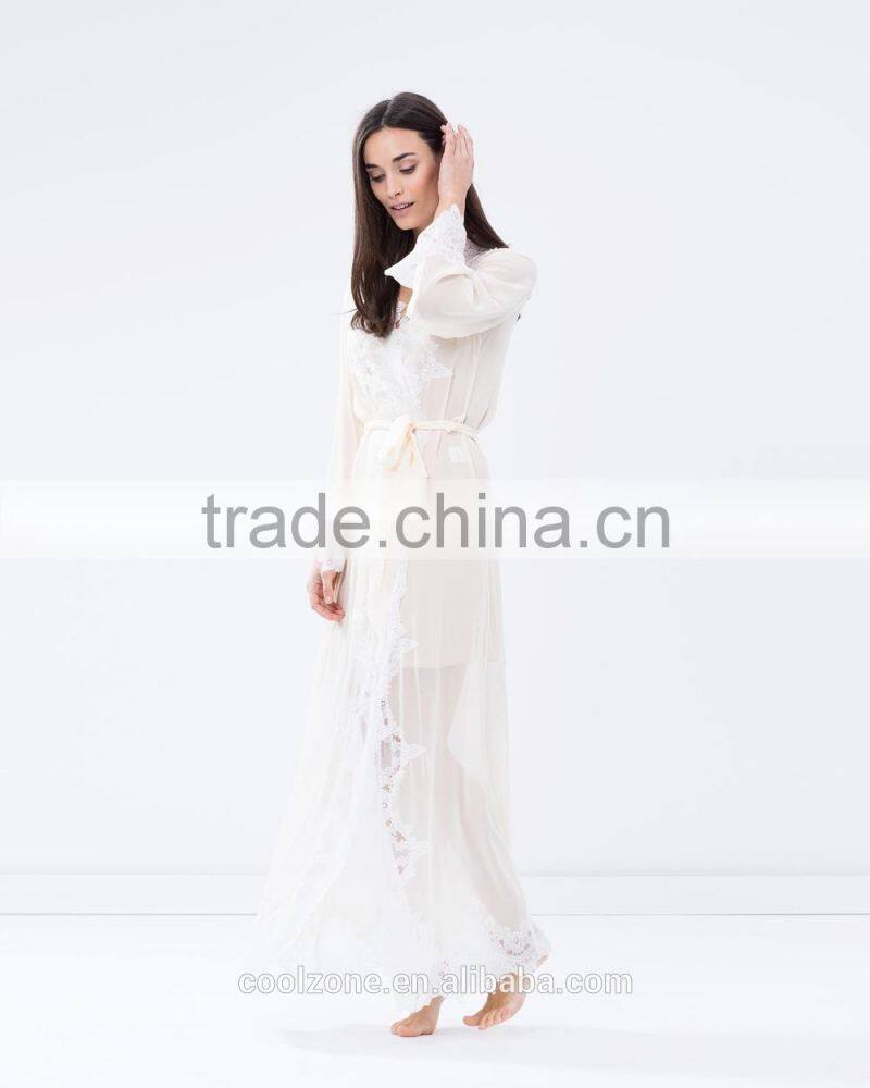 Sexy relaxed fit tie-up front sheer lace bath robe for women