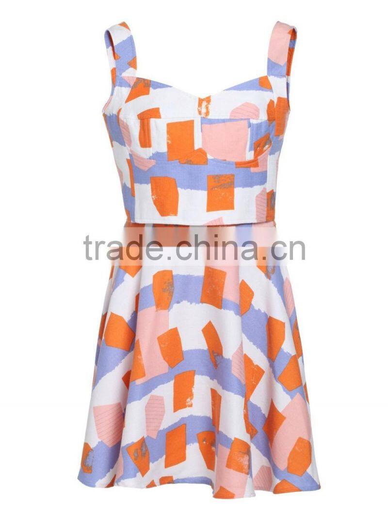 Ladies printed no sleeve contrast color dress sets