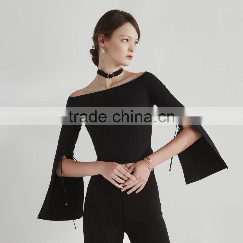 trumpet sleeve round neck casual fashion lady blouse for wholesale